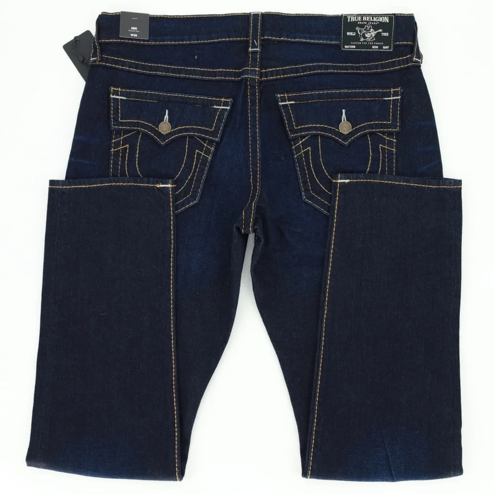 TRUE RELIGION RAZOR DARK RIPS‎ GENO FLAPS RELAXED SLIM JEANS